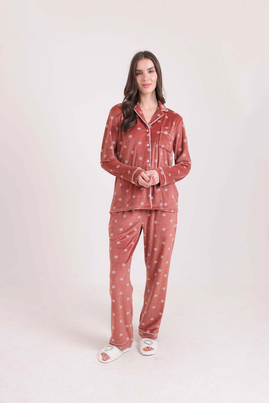 Velvet Snow Flakes Shirt & Pants Pajama Set