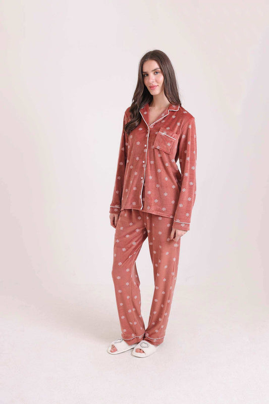 Velvet Snow Flakes Shirt & Pants Pajama Set