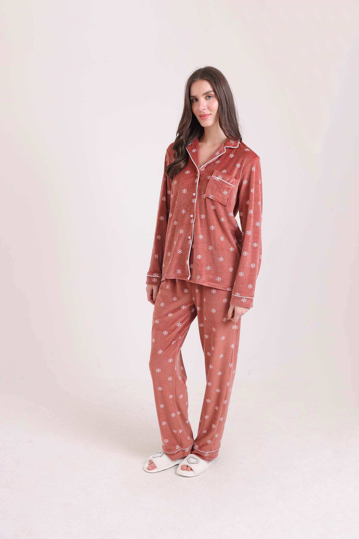Velvet Snow Flakes Shirt & Pants Pajama Set