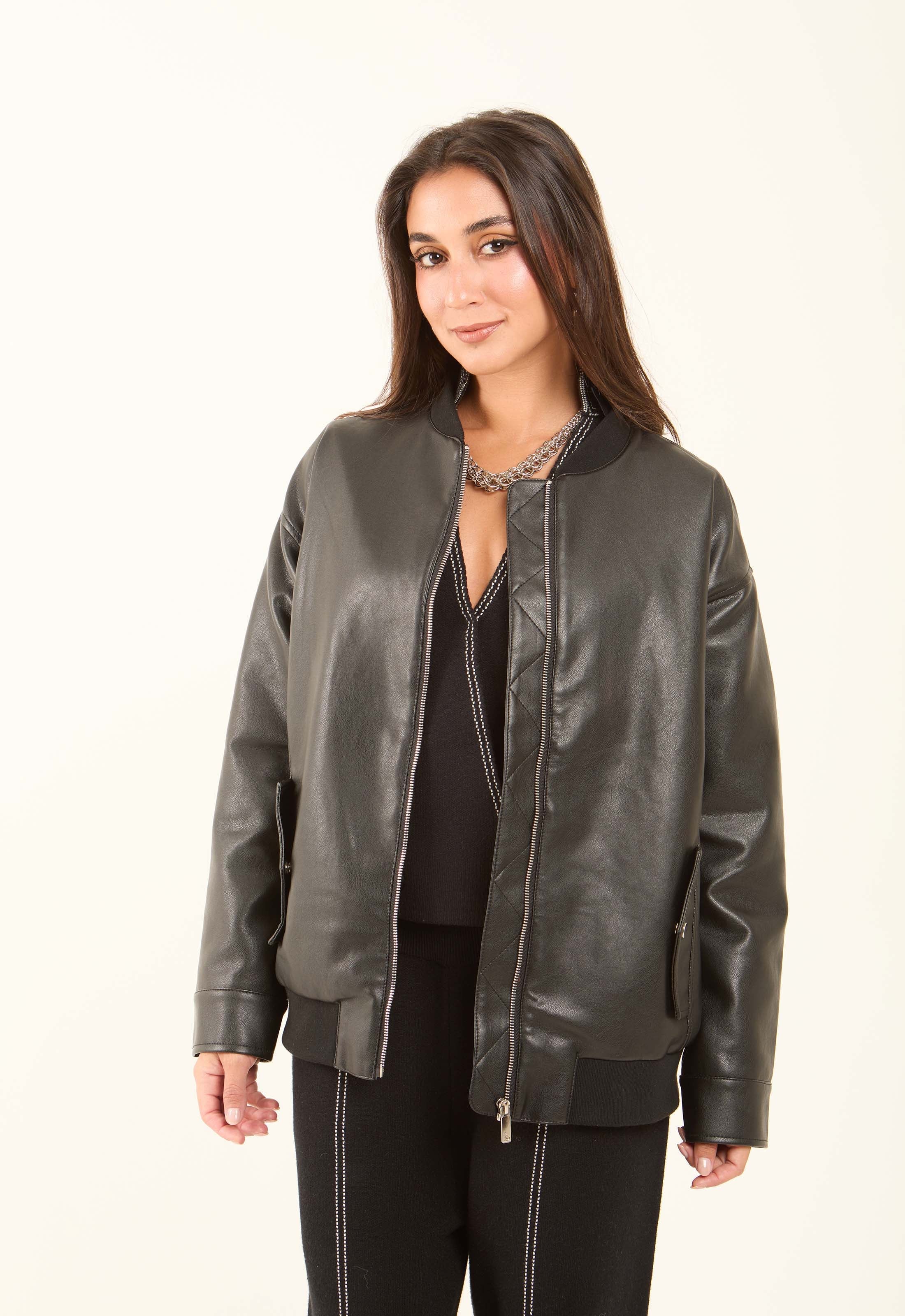 Faux-Leather Bomber Jacket