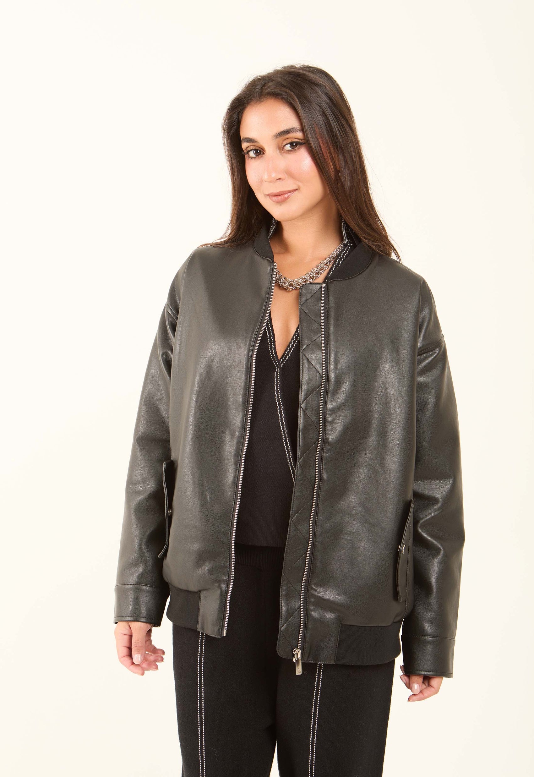 Faux-Leather Bomber Jacket