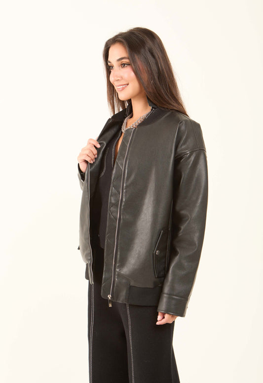 Faux-Leather Bomber Jacket