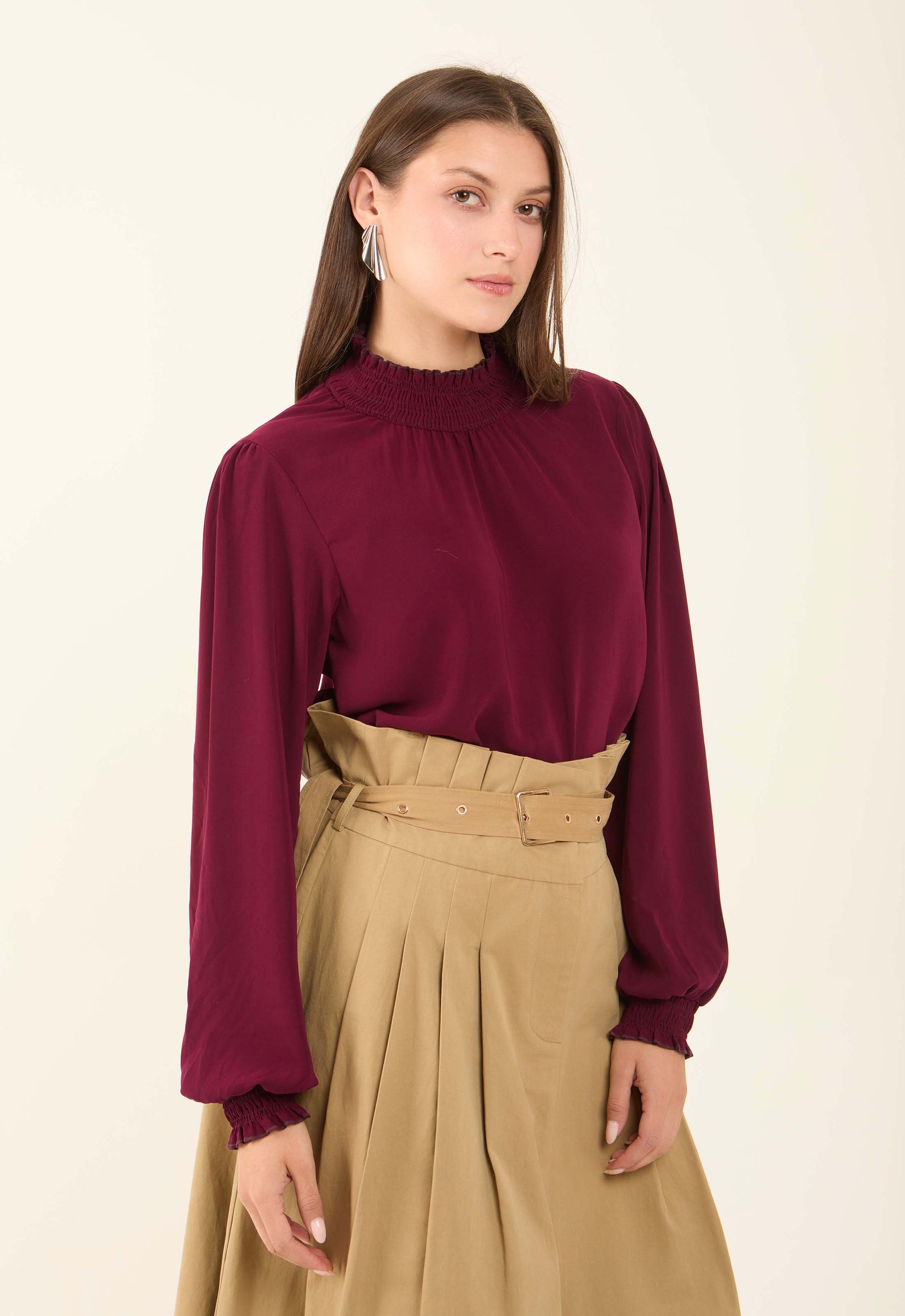 Flowy High-Neck Blouse with Shirred Details