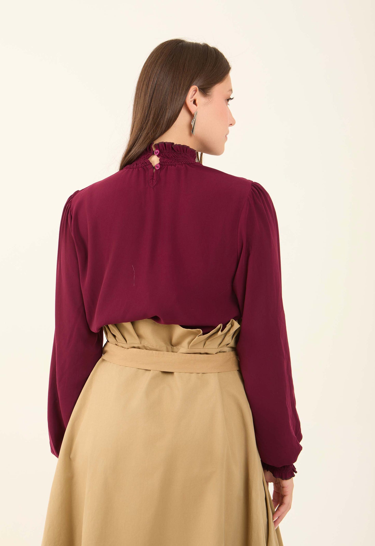 Flowy High-Neck Blouse with Shirred Details