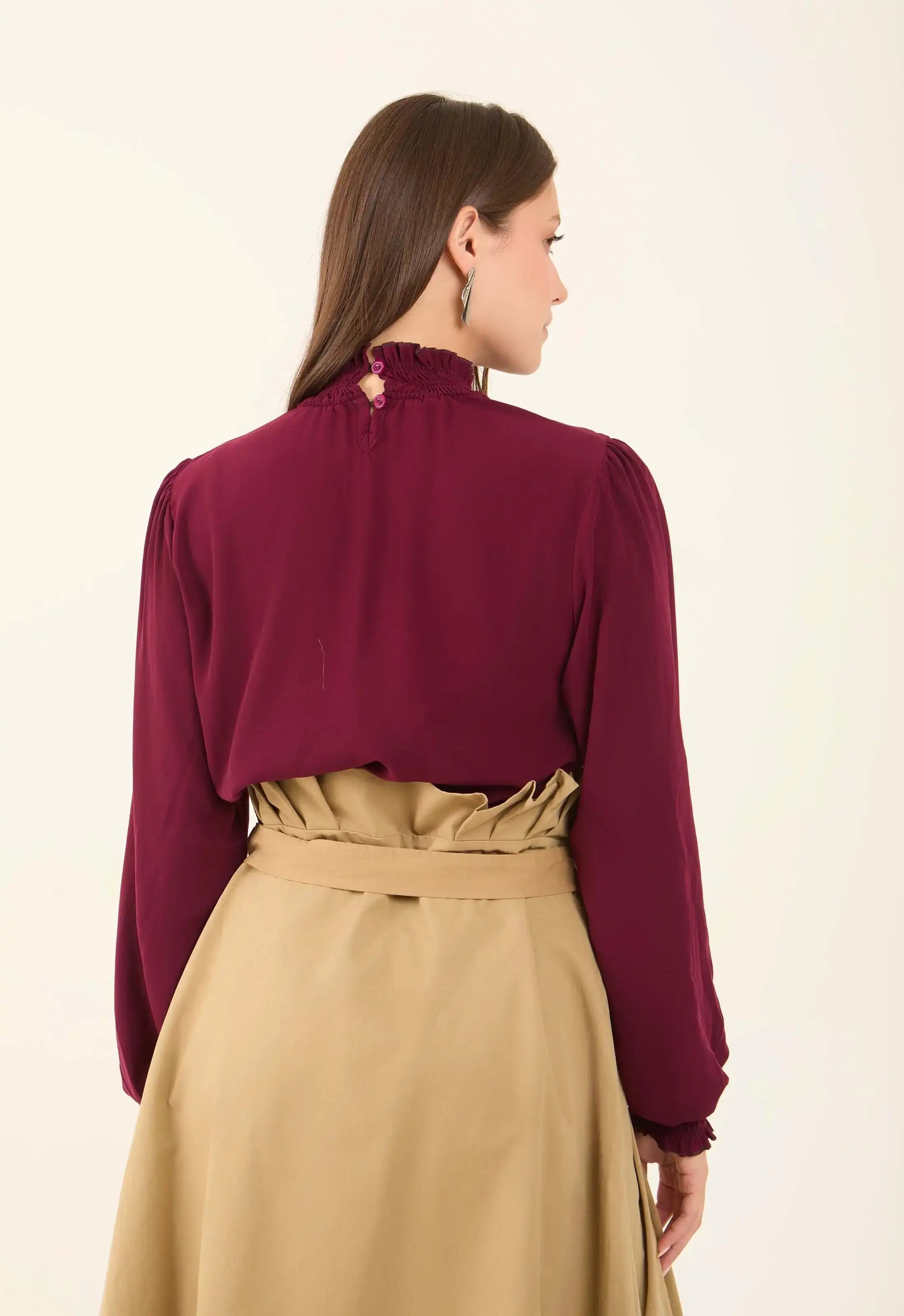 Flowy High-Neck Blouse with Shirred Details