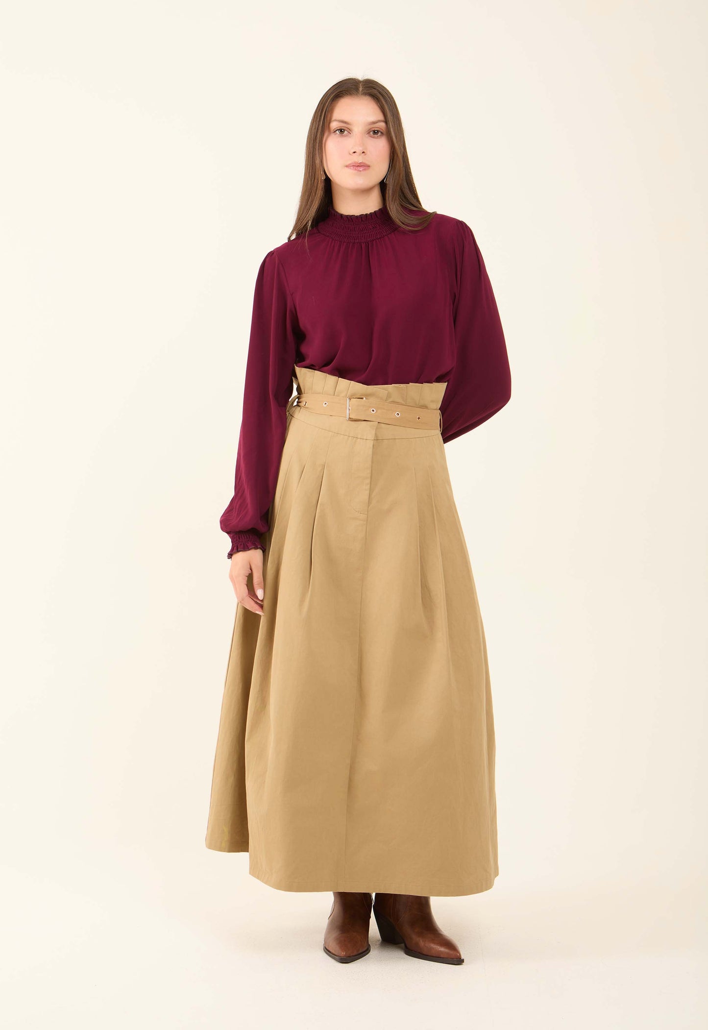 Flowy High-Neck Blouse with Shirred Details