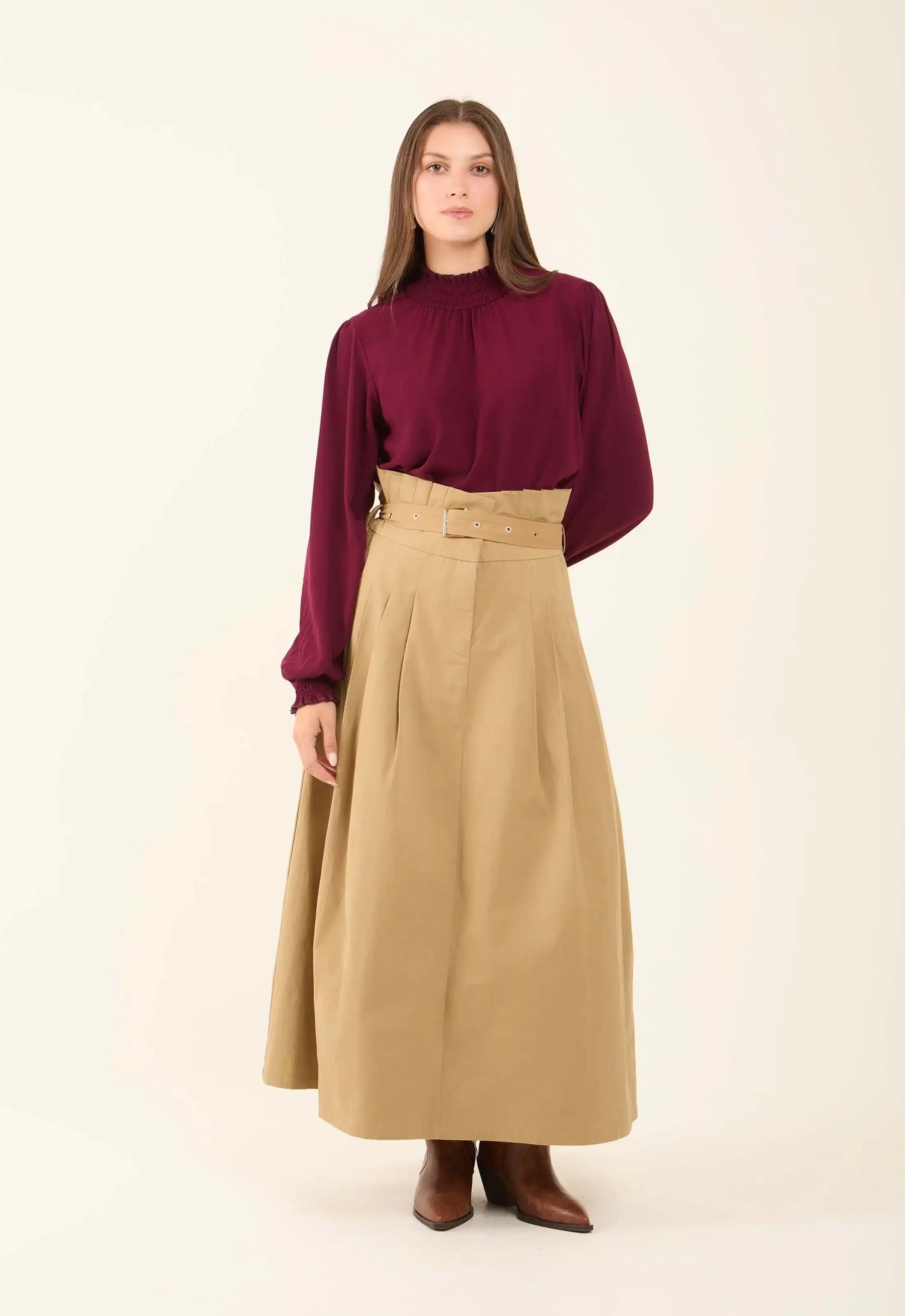Flowy High-Neck Blouse with Shirred Details