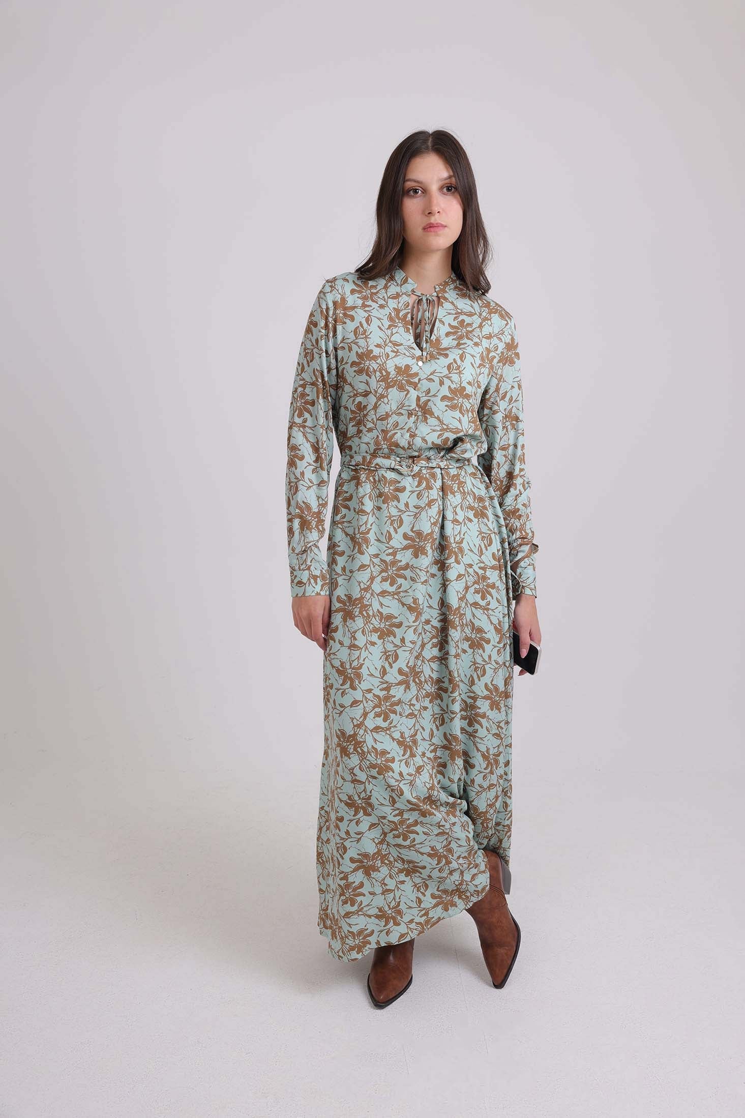 Floral Maxi Dress with Lace-Up Neck