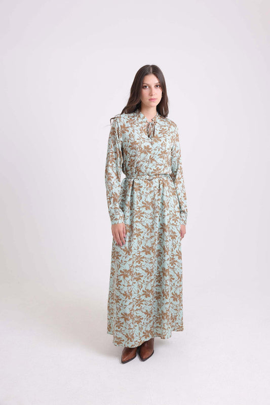 Floral Maxi Dress with Lace-Up Neck