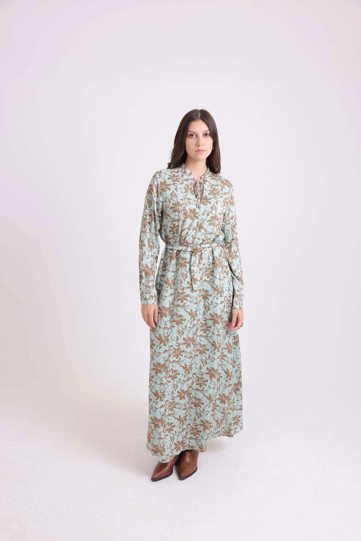 Floral Maxi Dress with Lace-Up Neck