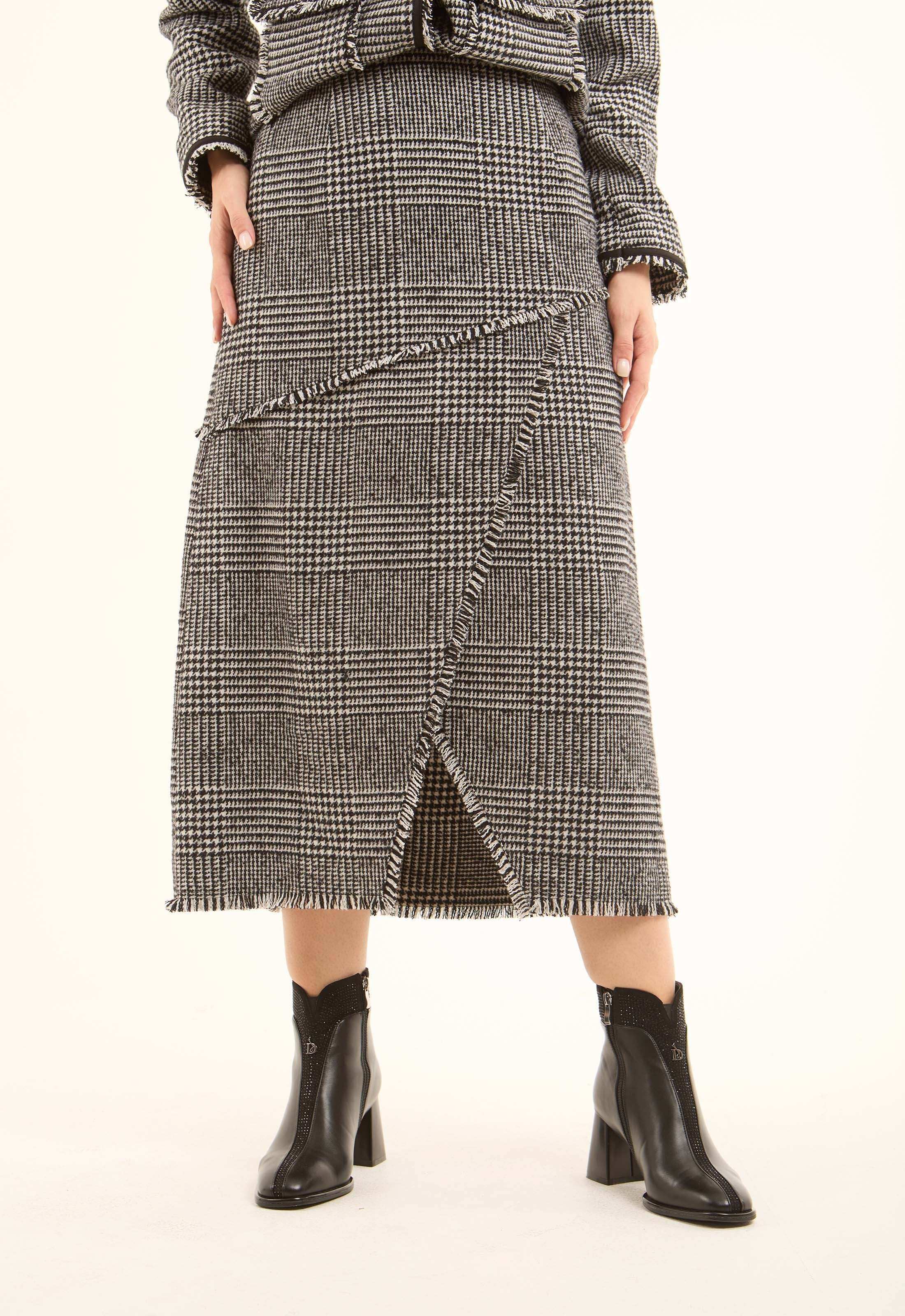 Houndstooth Wrap Front Midi Skirt with Slit