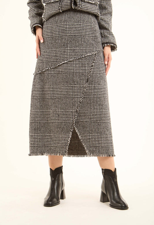 Houndstooth Wrap Front Midi Skirt with Slit