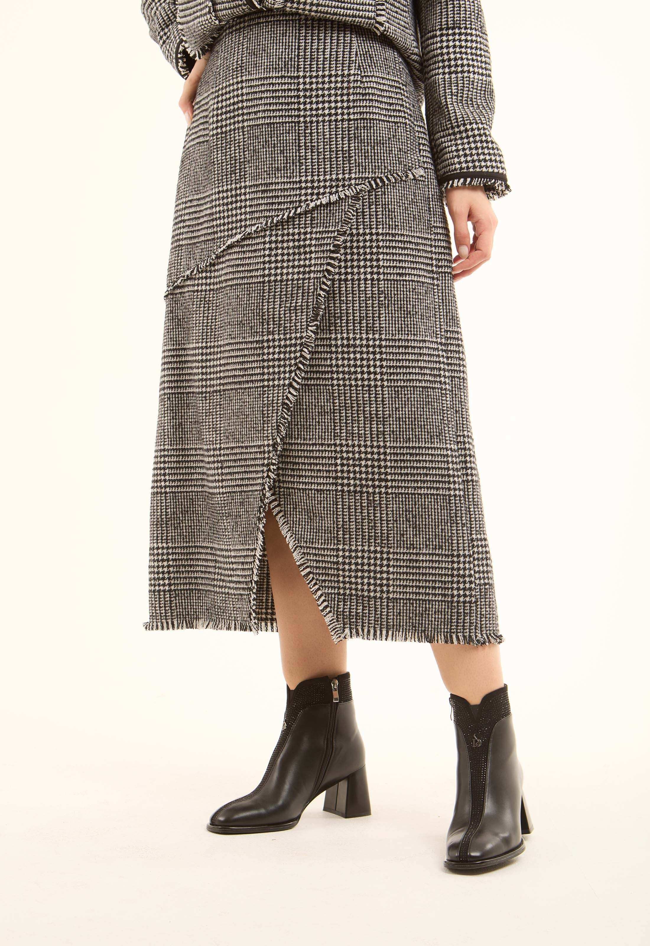 Houndstooth Wrap Front Midi Skirt with Slit