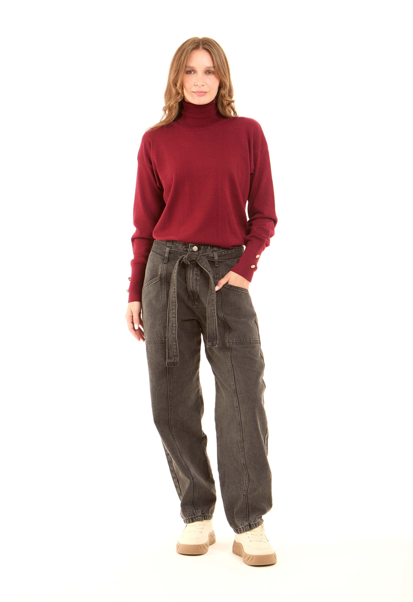 Long Sleeves with Decorative Buttons Solid Pullover