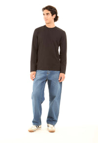 Crew Neck Solid Basic Long Tee - Black