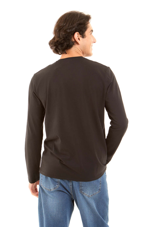 Crew Neck Solid Basic Long Tee - Black