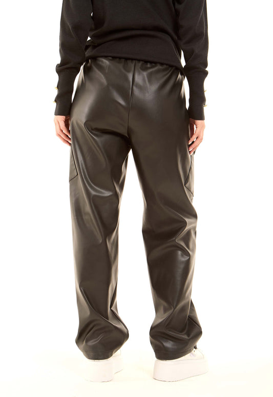 Wide-Leg Faux Leather Cargo Pants
