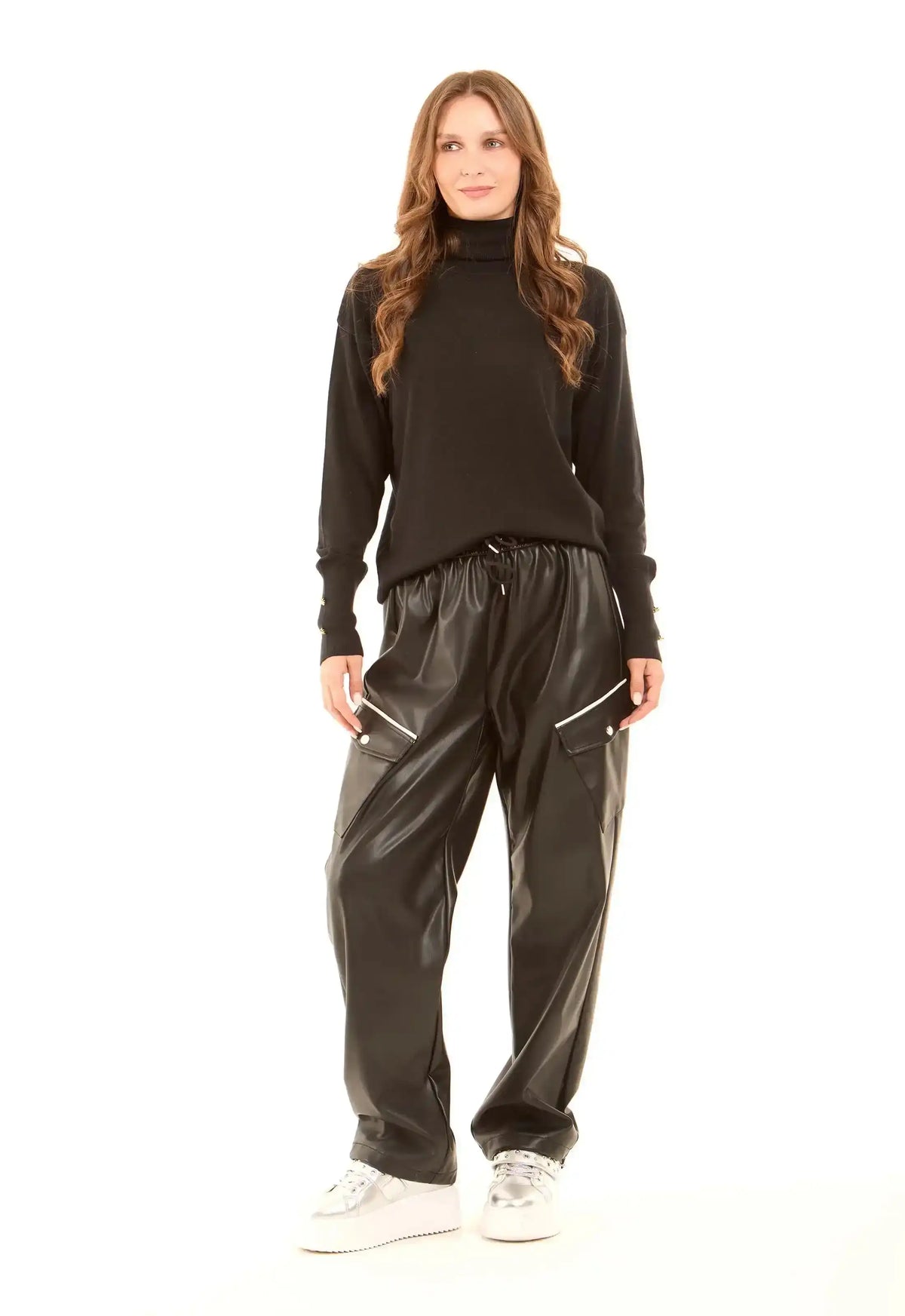 Wide-Leg Faux Leather Cargo Pants