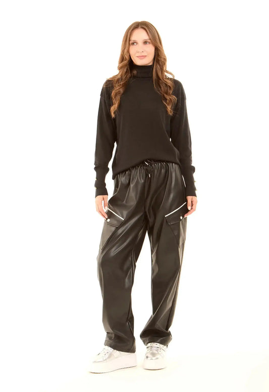 Wide-Leg Faux Leather Cargo Pants