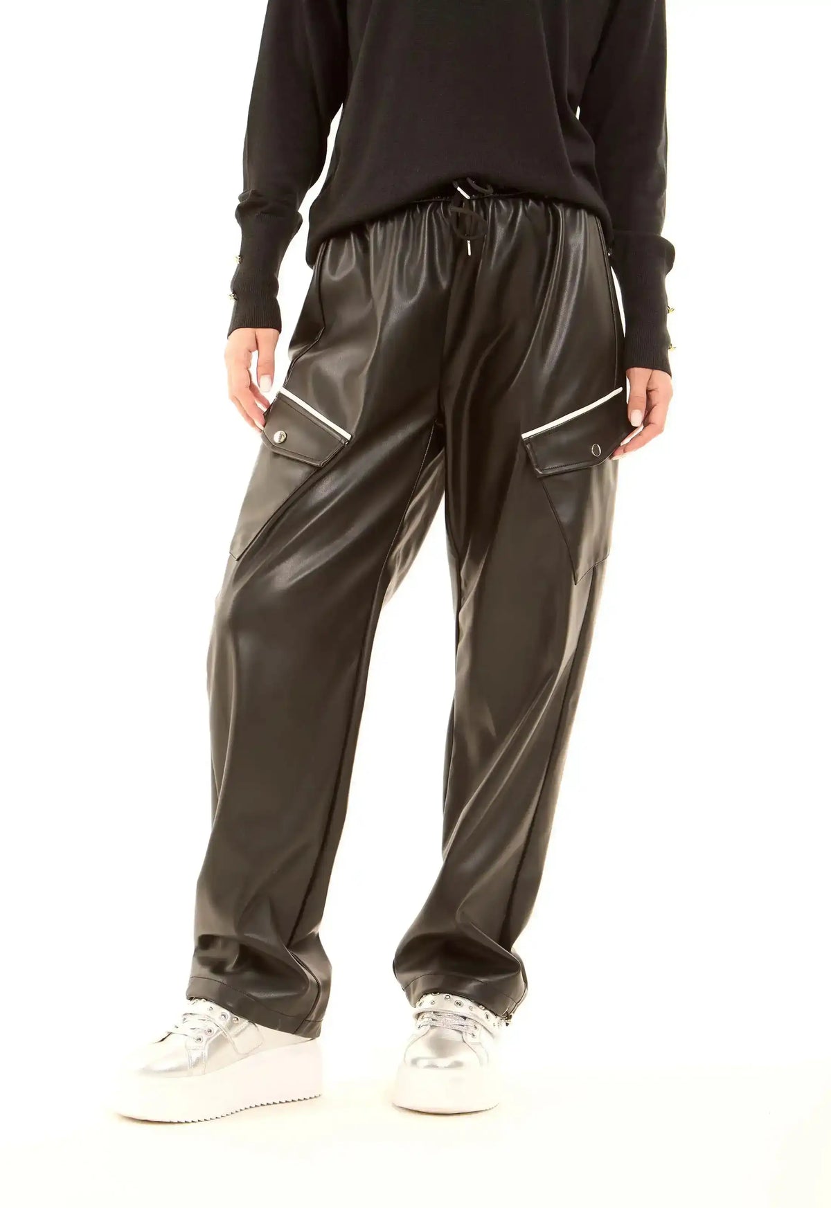 Wide-Leg Faux Leather Cargo Pants