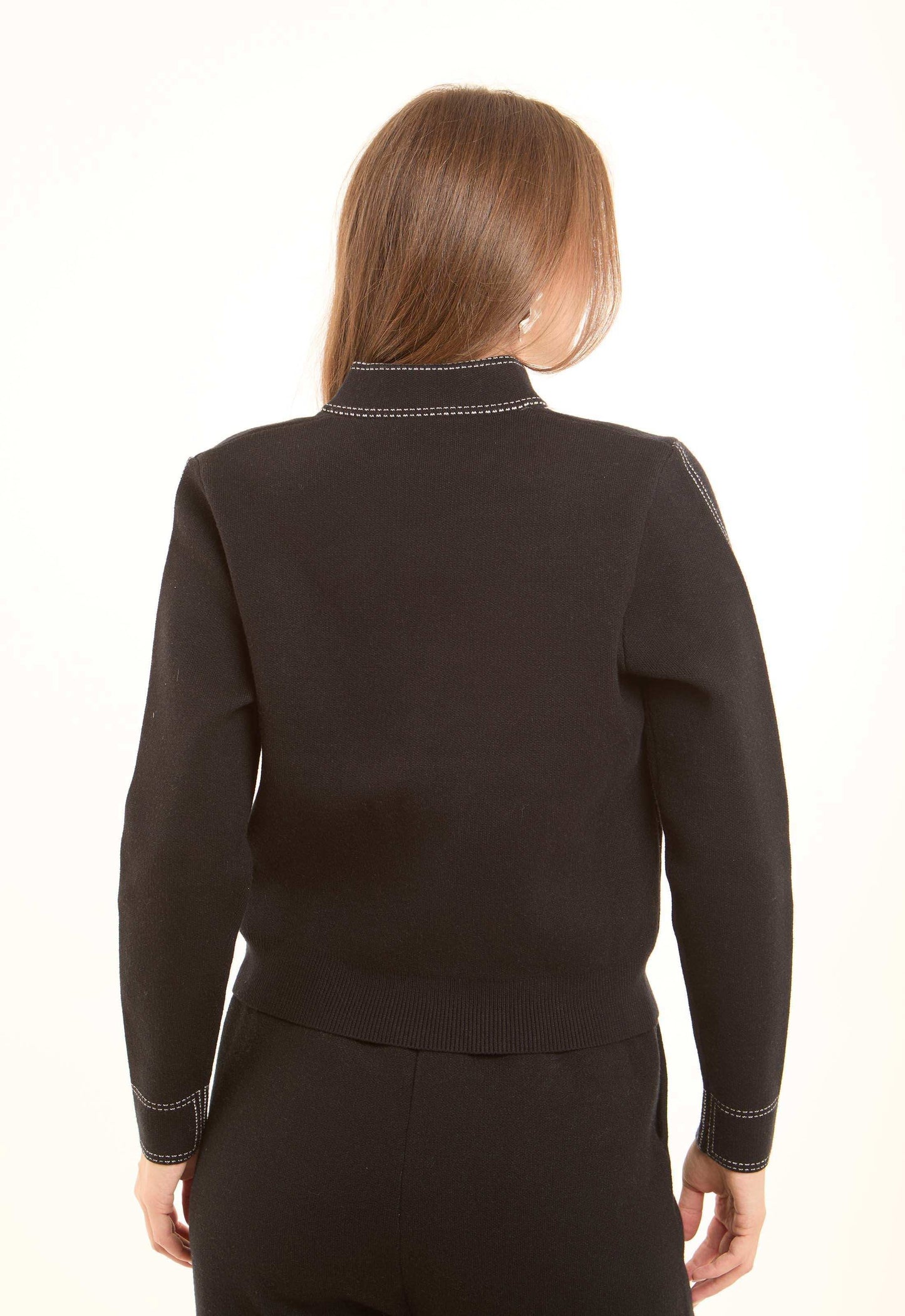 Split-Joint V-Neck Cardigan with Contrast Stitch