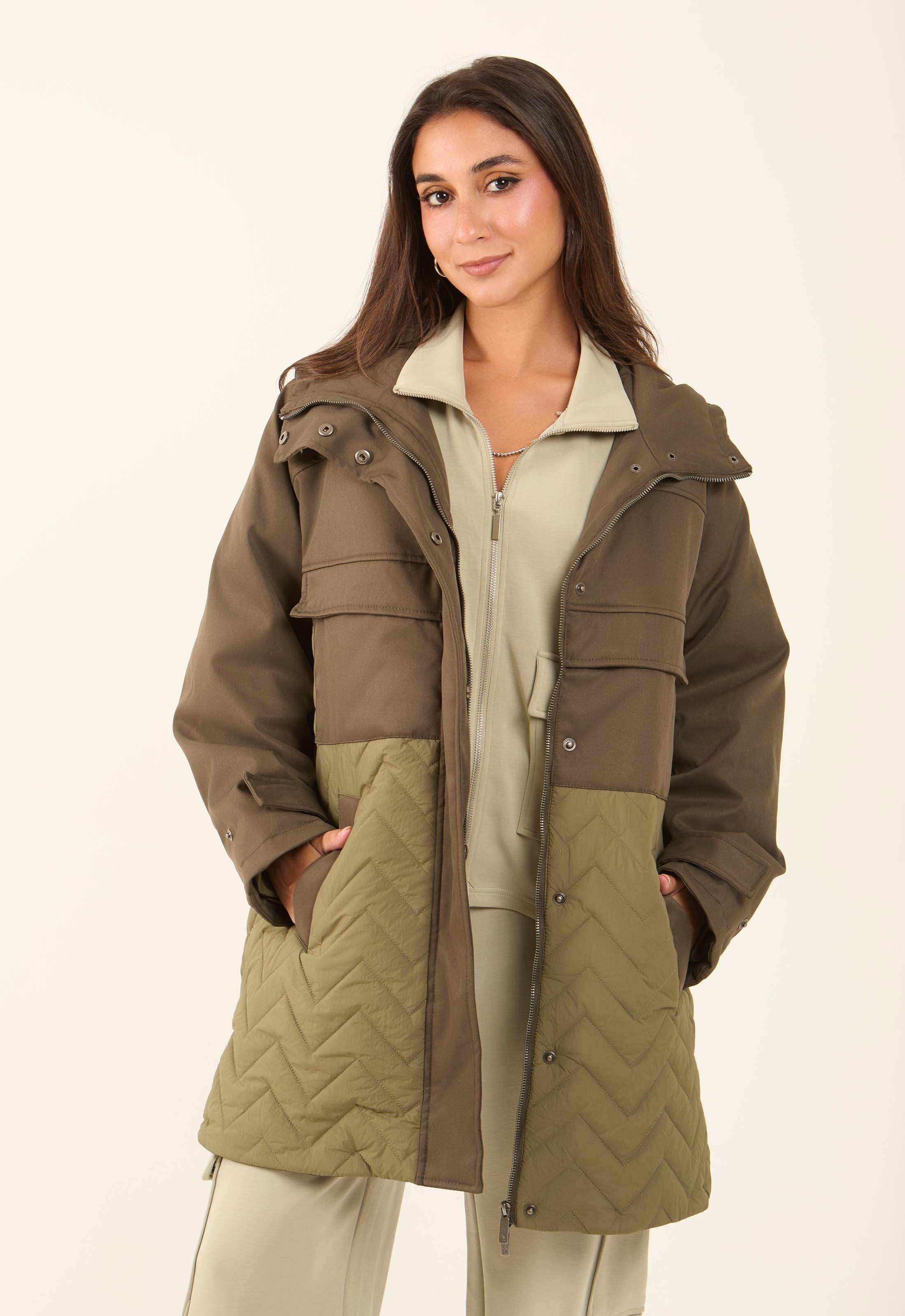 Two-Tone Quilted Long Jacket