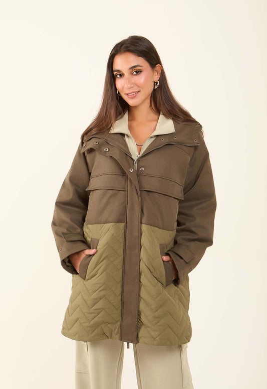 Two-Tone Quilted Long Jacket