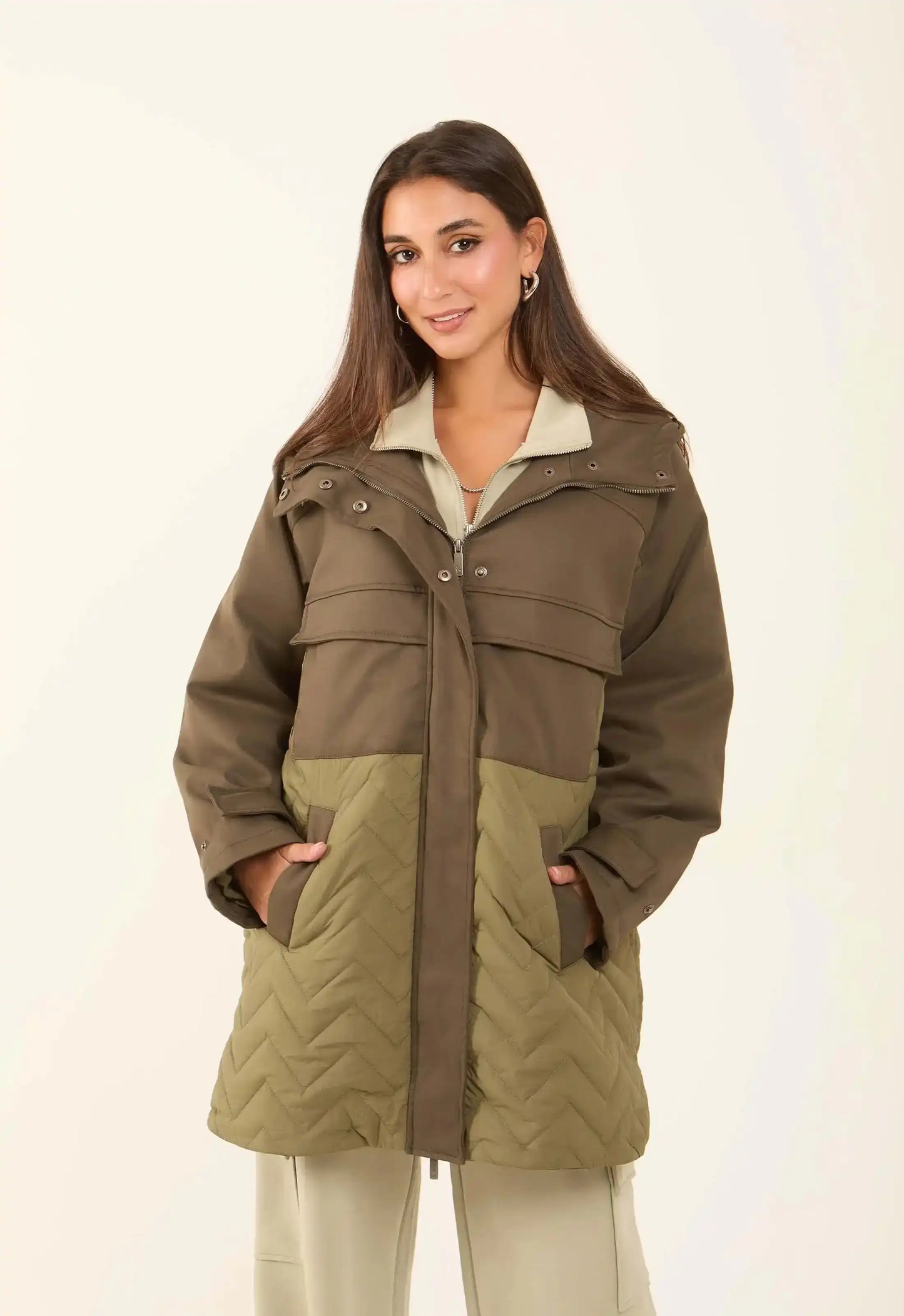 Two-Tone Quilted Long Jacket