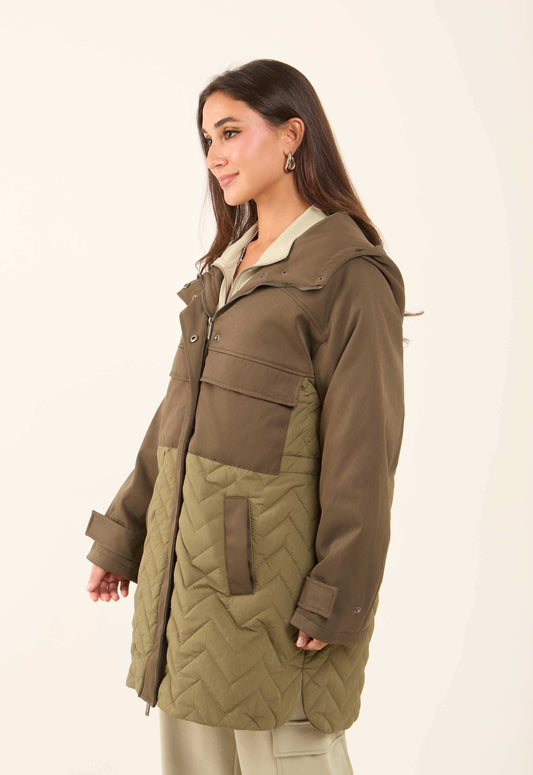 Two-Tone Quilted Long Jacket