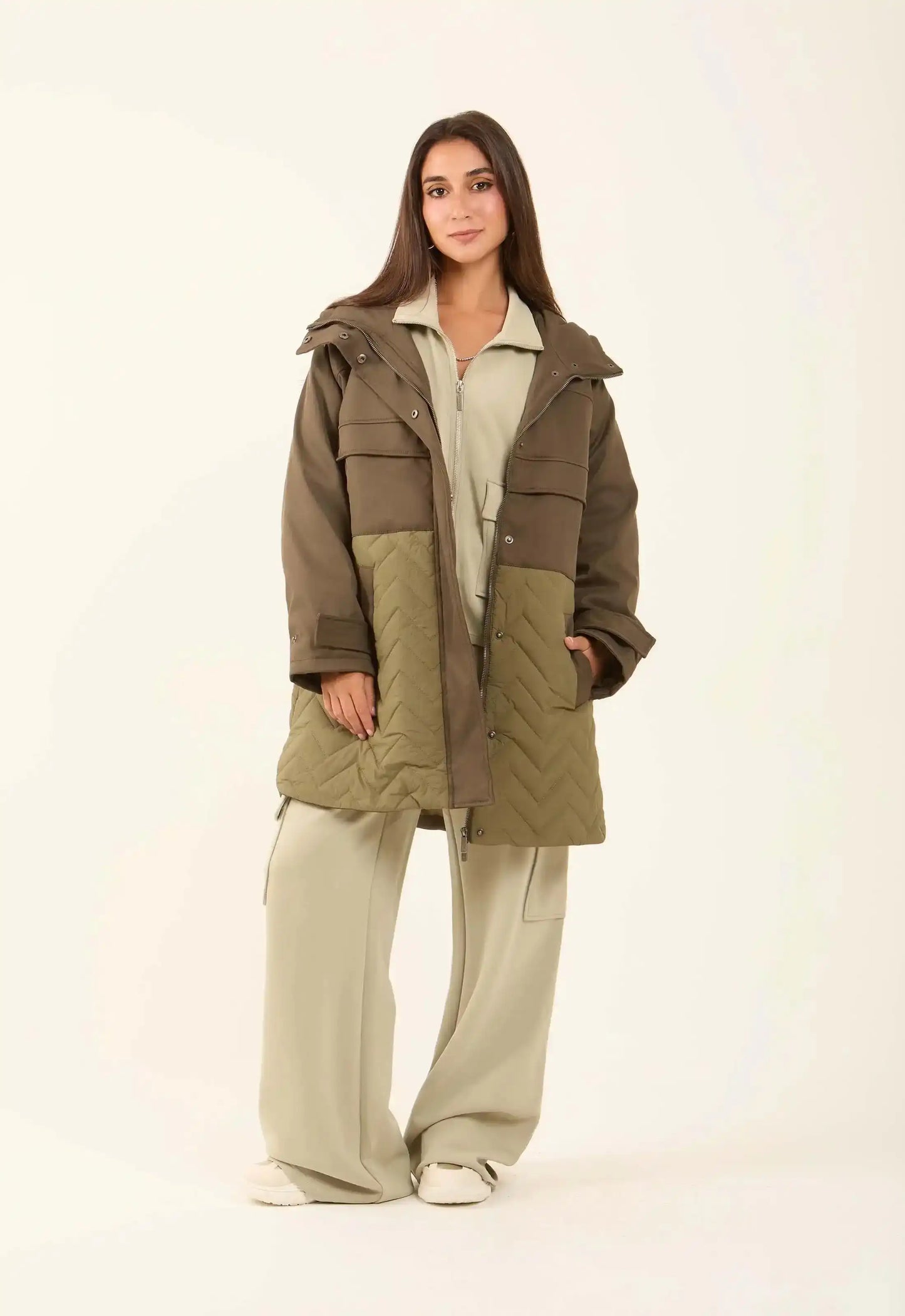 Two-Tone Quilted Long Jacket