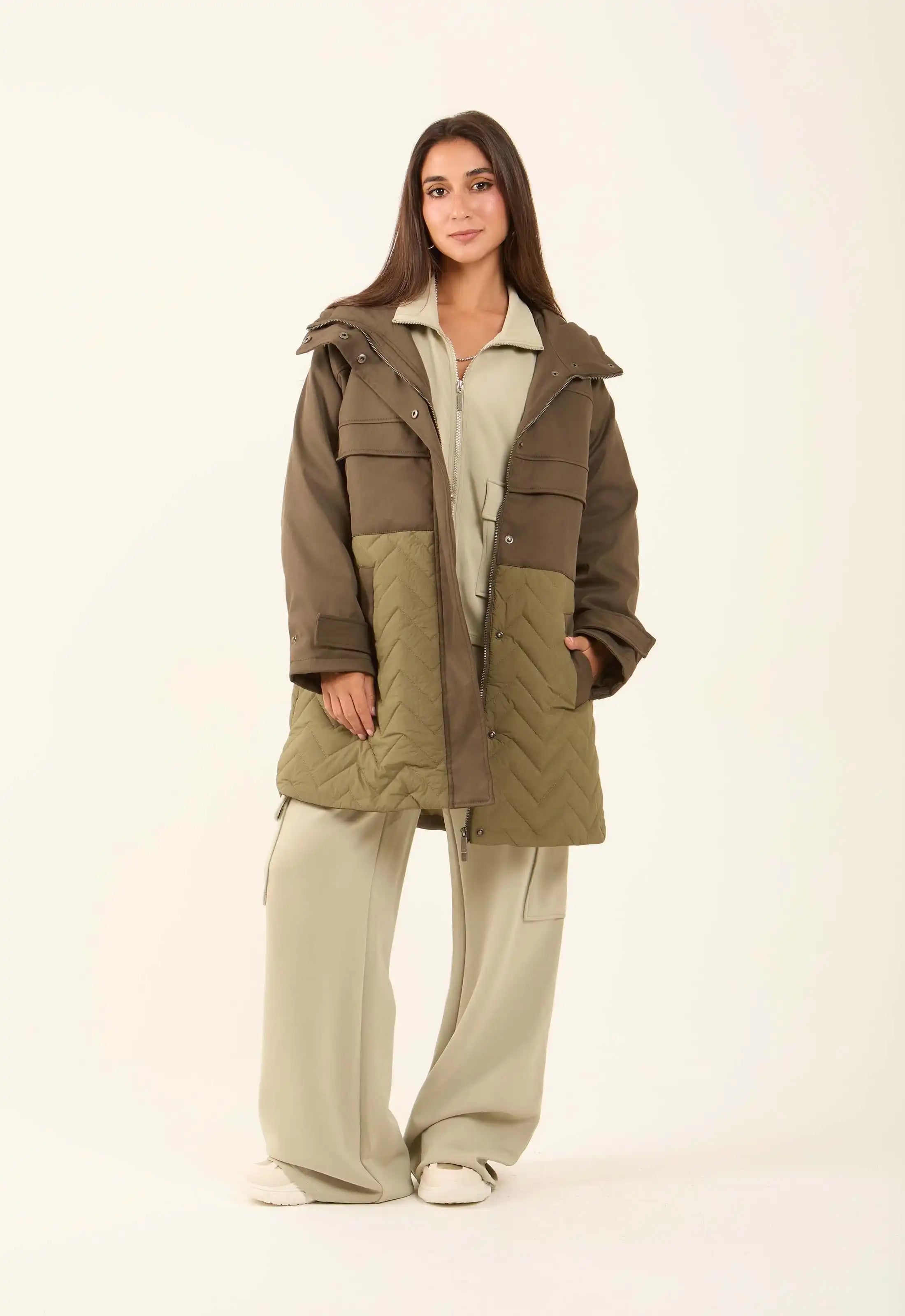 Two-Tone Quilted Long Jacket
