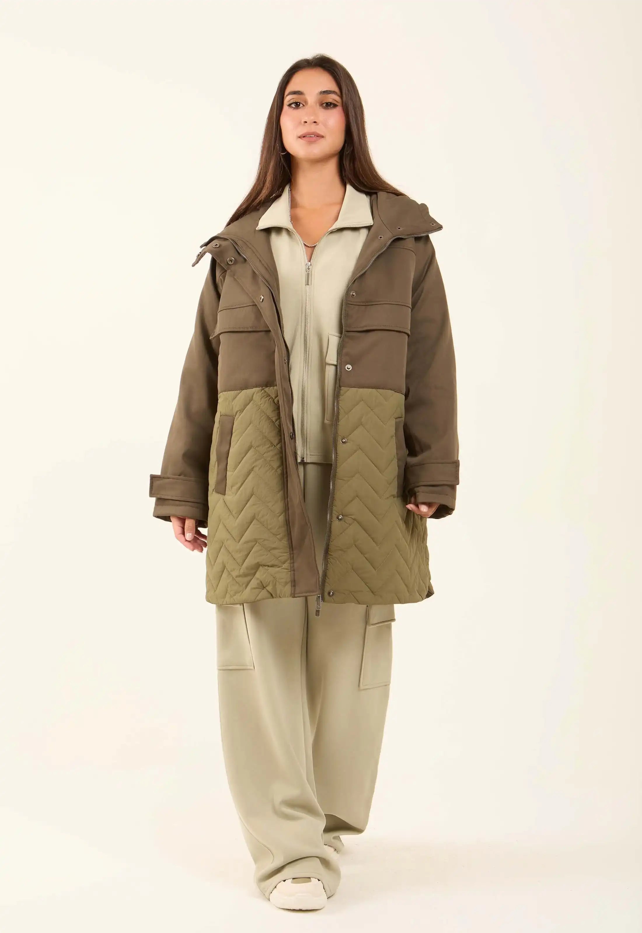 Two-Tone Quilted Long Jacket