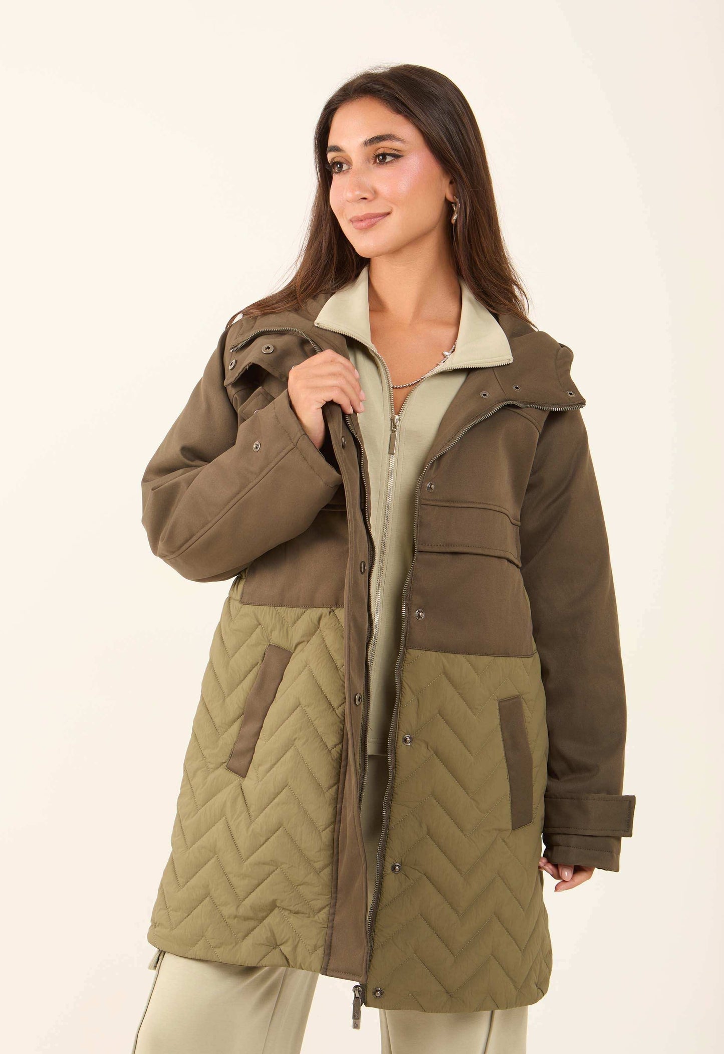 Two-Tone Quilted Long Jacket