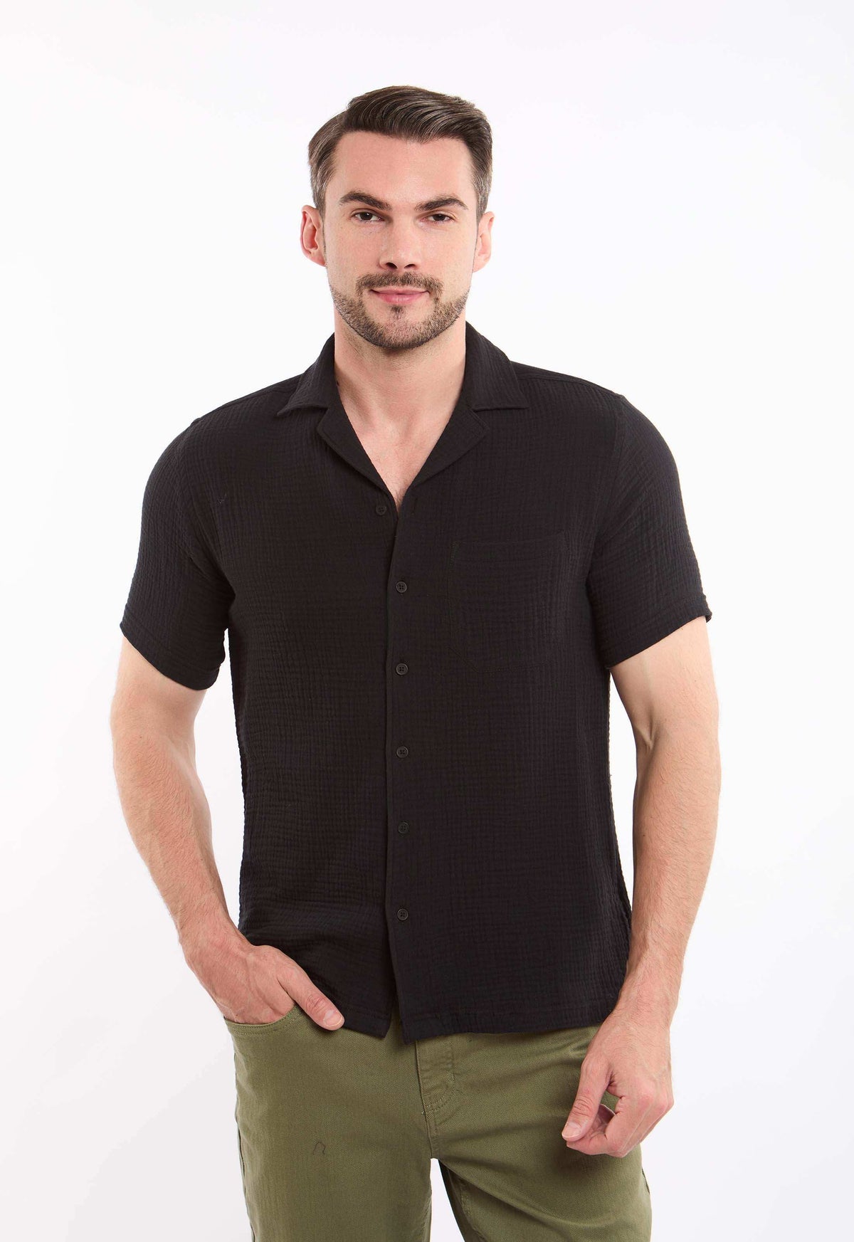 Textured Short Sleeves Shirt with Front Pocket