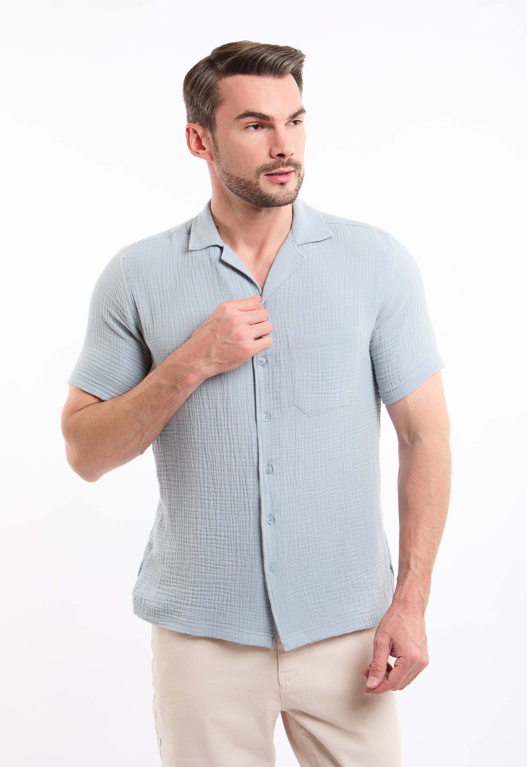 Textured Short Sleeves Shirt with Front Pocket