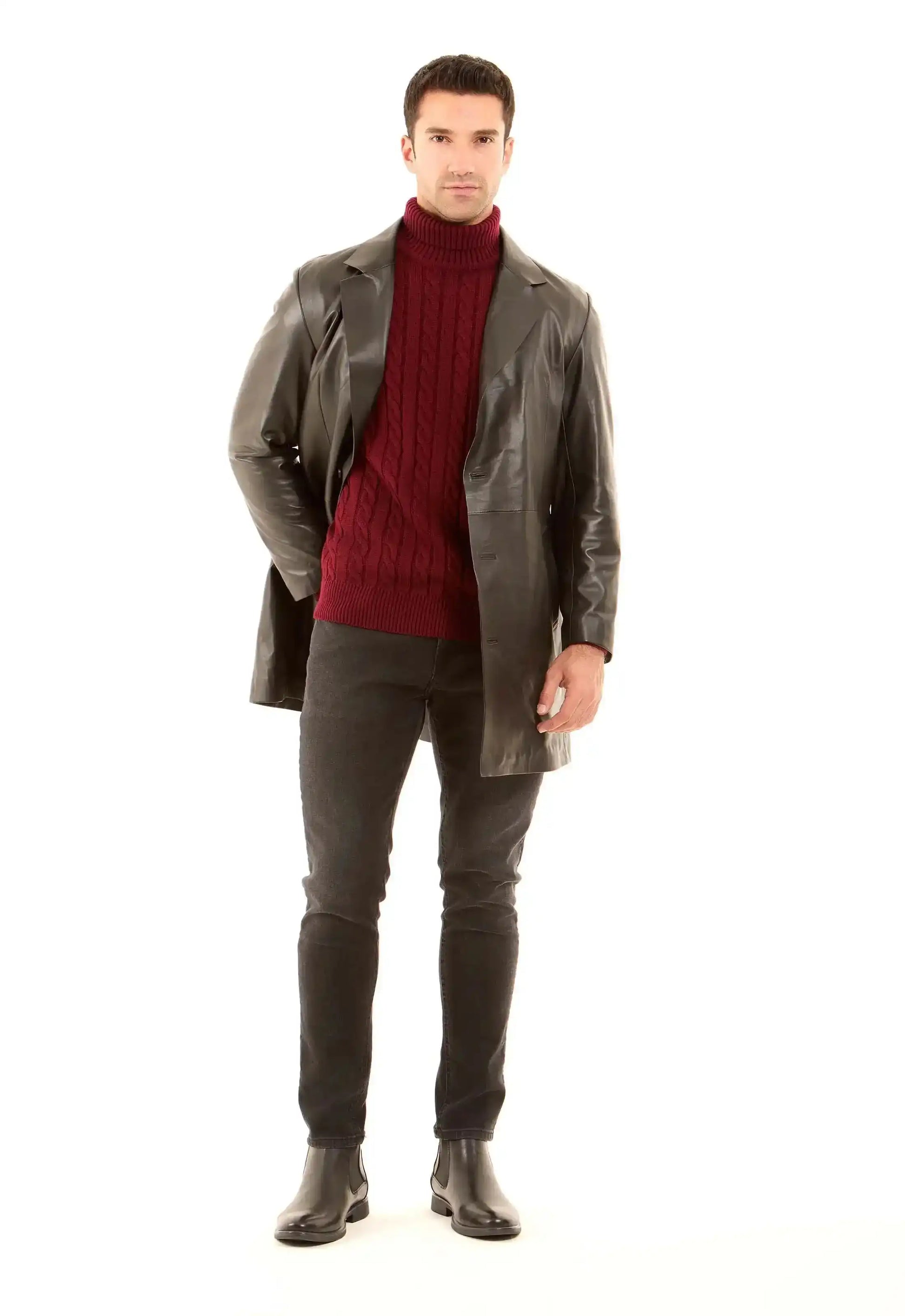Leather Long Coat with Classic Tailoring