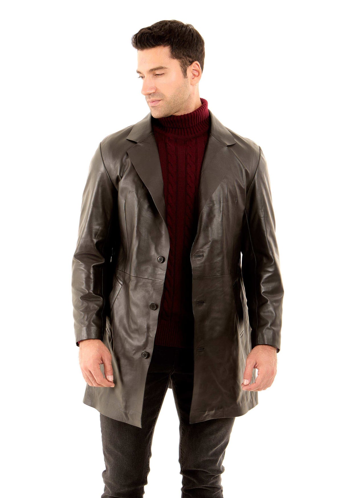 Leather Long Coat with Classic Tailoring