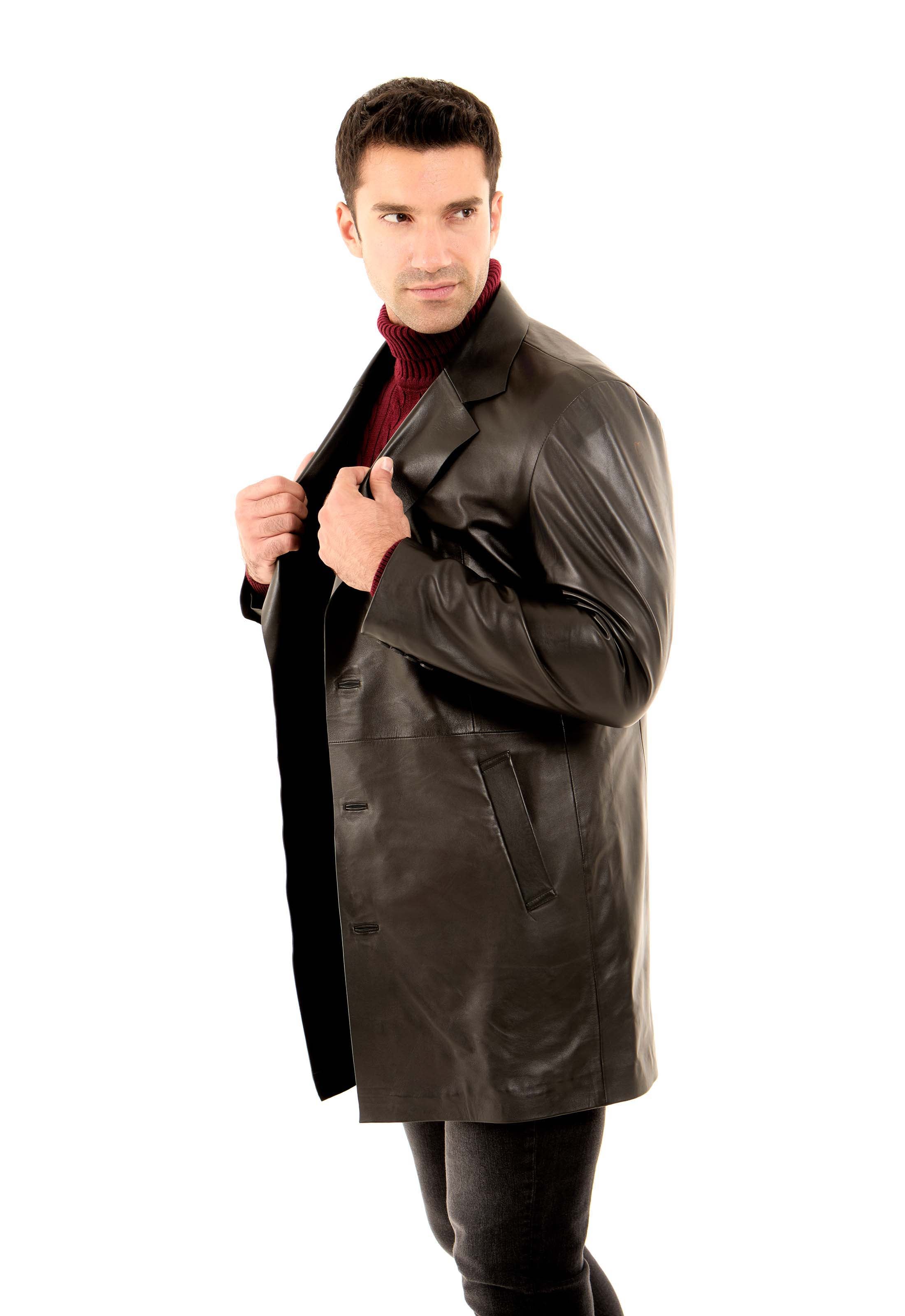 Leather Long Coat with Classic Tailoring