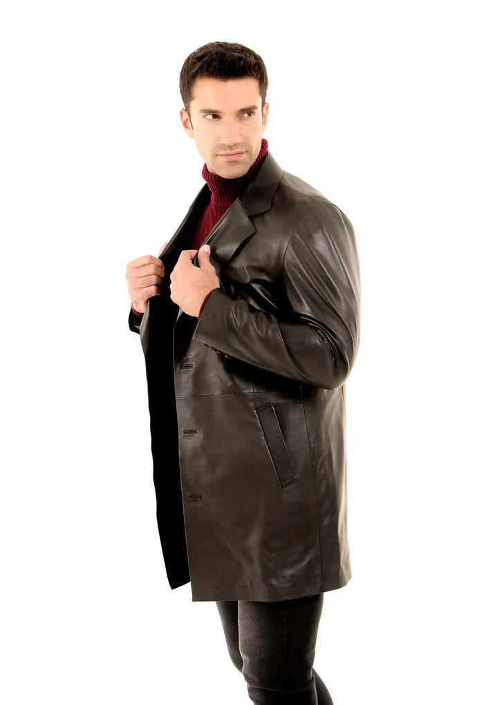 Leather Long Coat with Classic Tailoring
