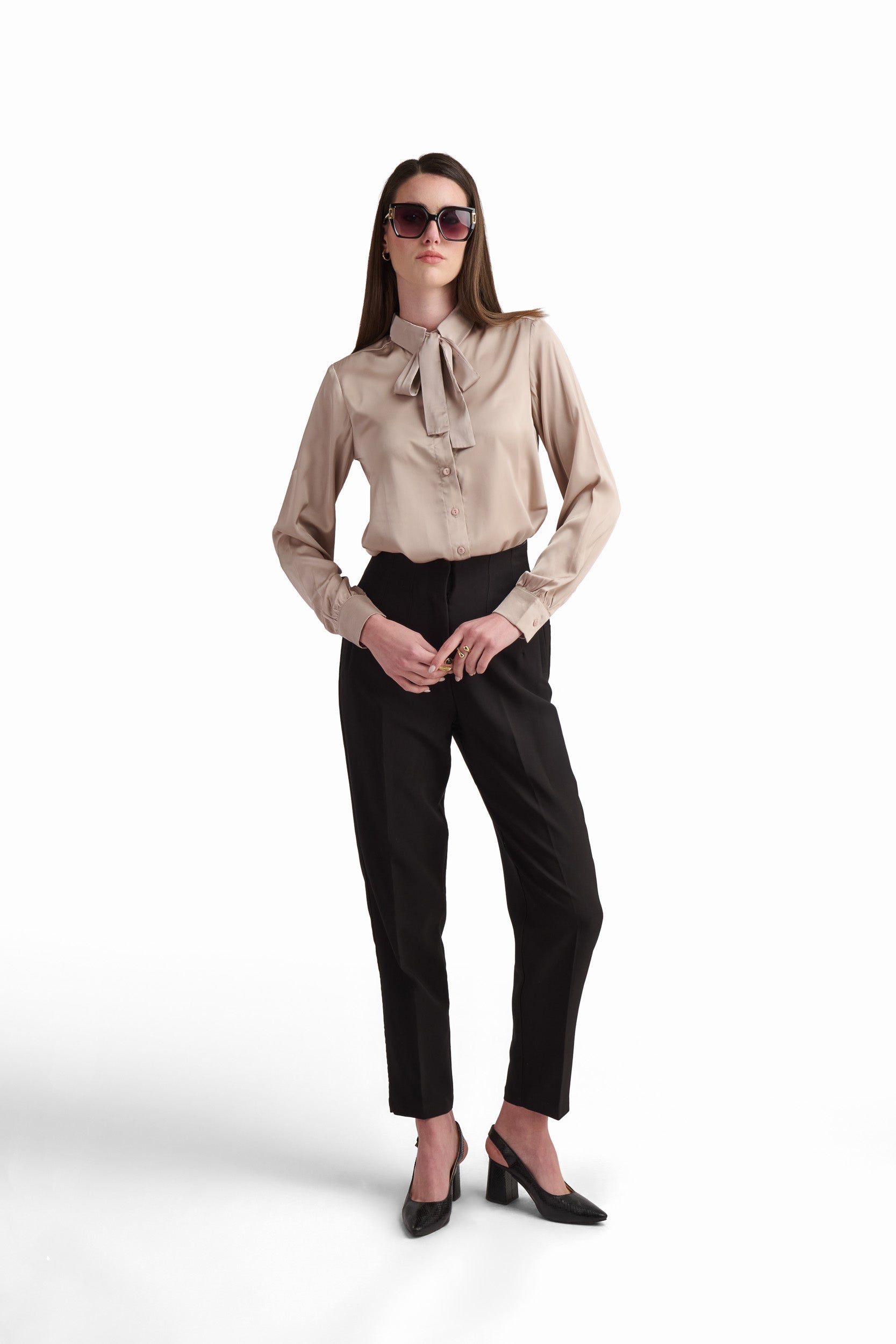 Champagne Bow-Neck Satin Shirt