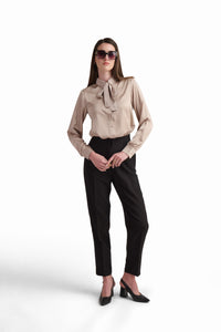 Champagne Bow-Neck Satin Shirt