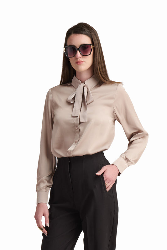 Champagne Bow-Neck Satin Shirt