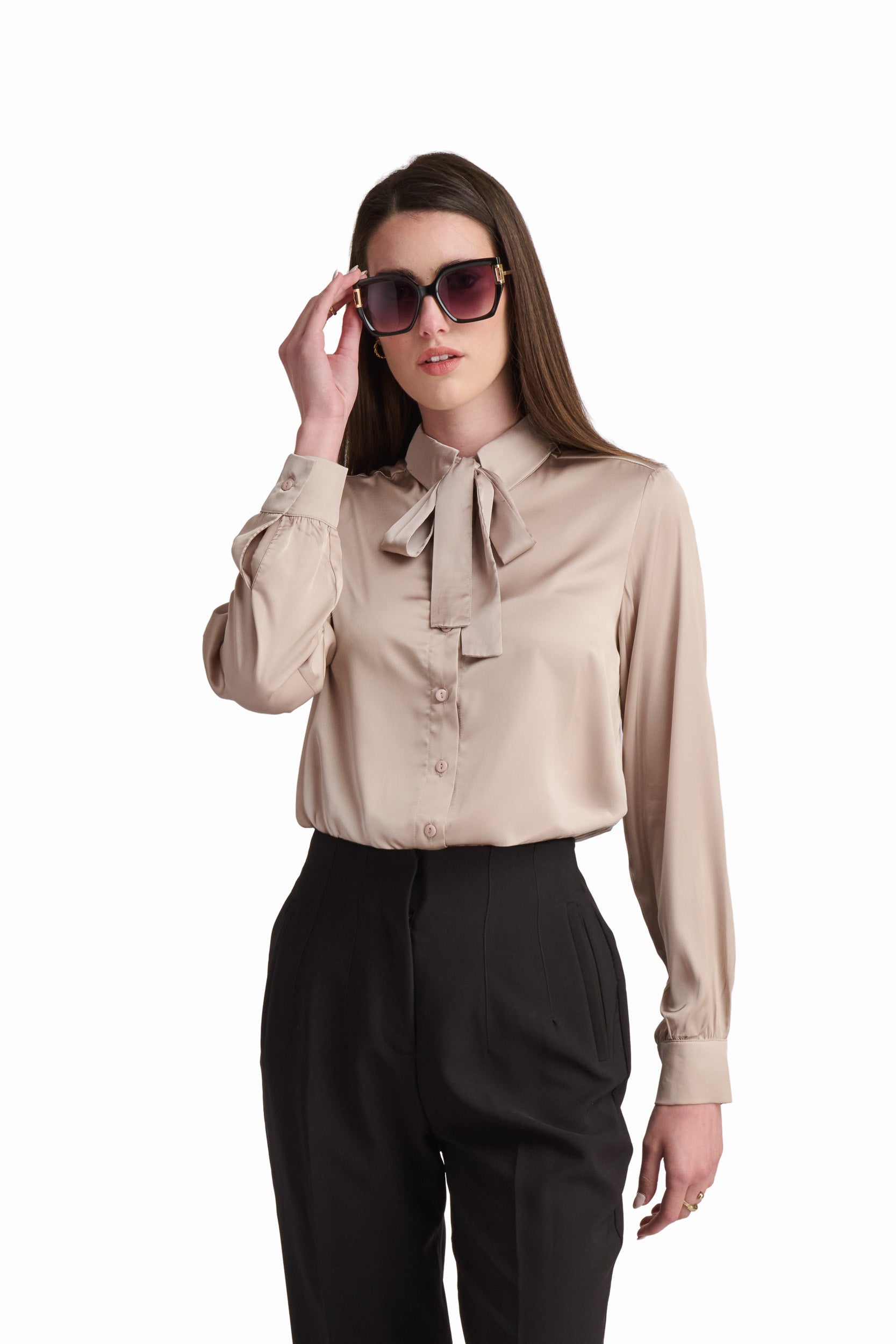 Champagne Bow-Neck Satin Shirt