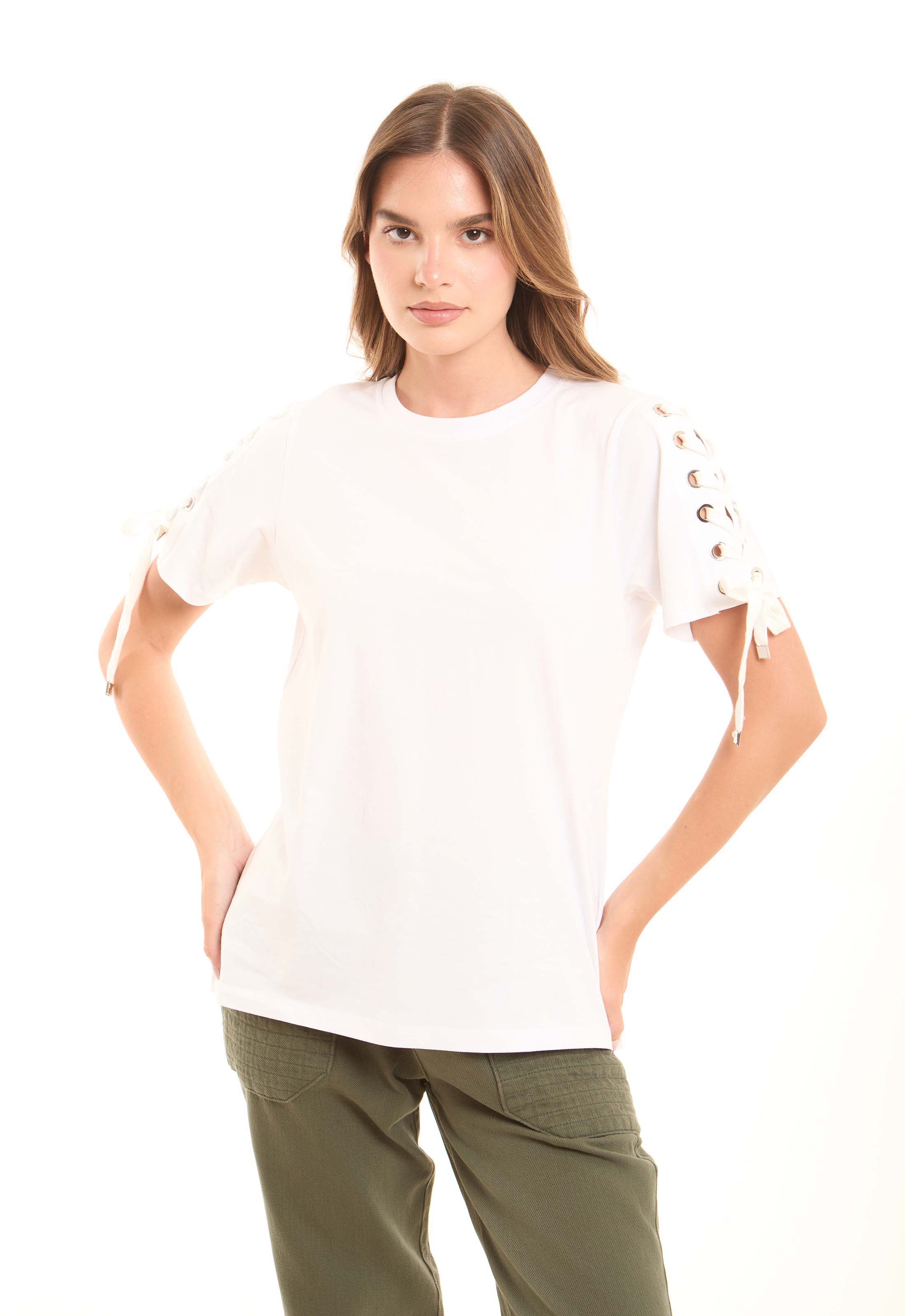 Cotton Tee with Lace-Up Eyelet Details Sleeves