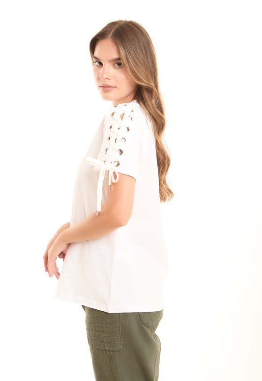 Cotton Tee with Lace-Up Eyelet Details Sleeves