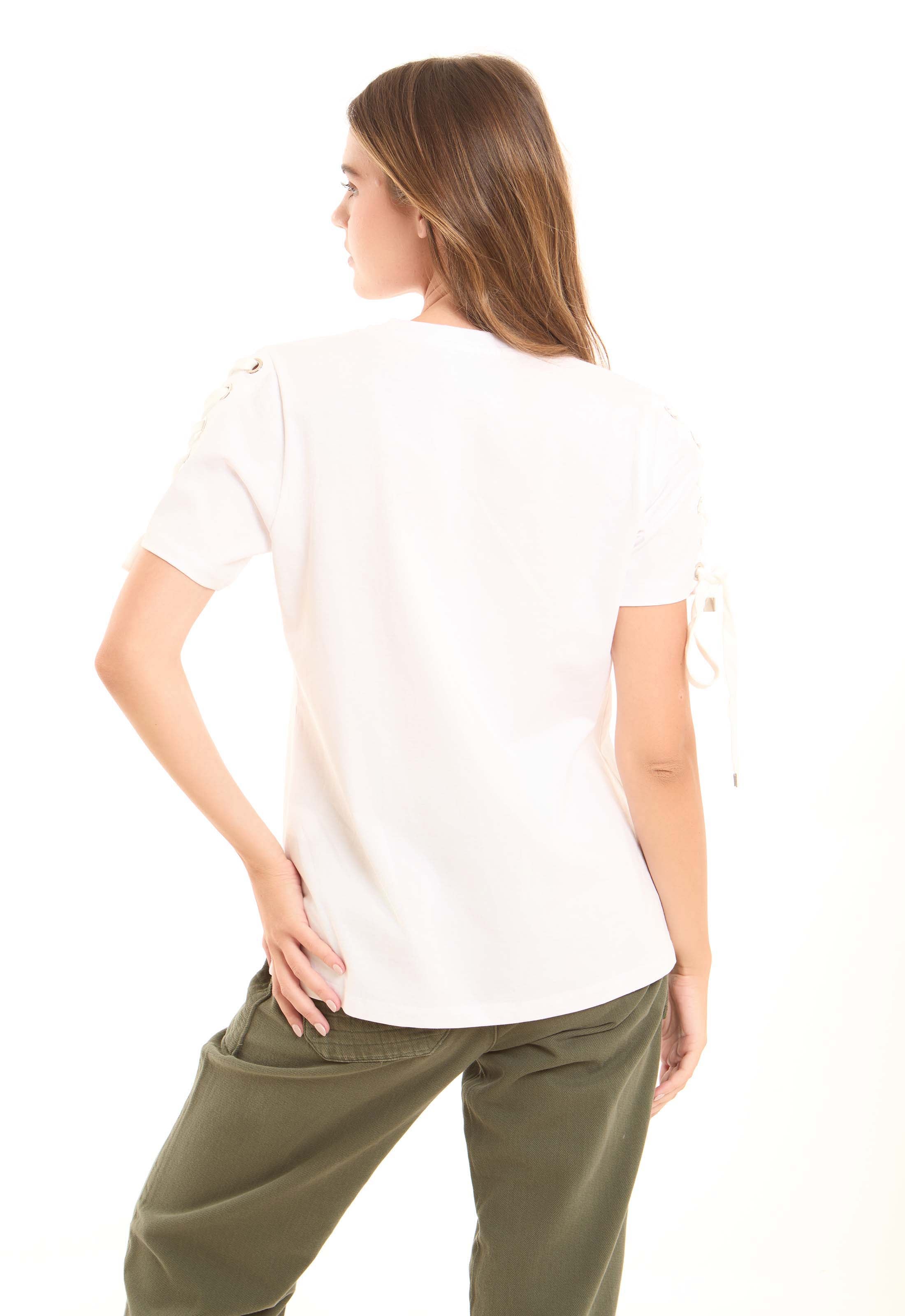 Cotton Tee with Lace-Up Eyelet Details Sleeves