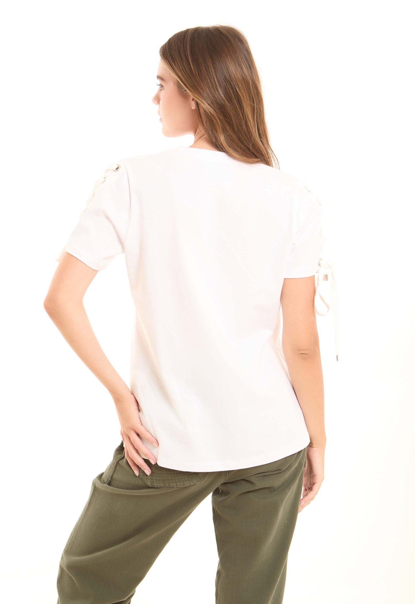 Cotton Tee with Lace-Up Eyelet Details Sleeves
