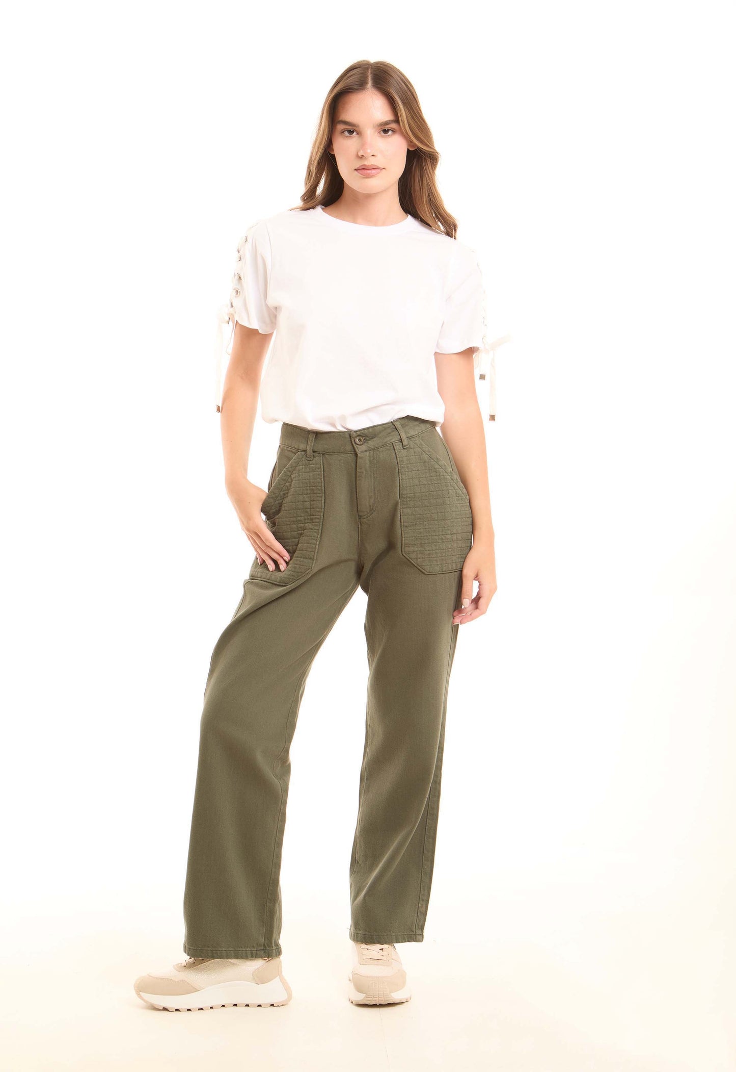 Cotton Tee with Lace-Up Eyelet Details Sleeves