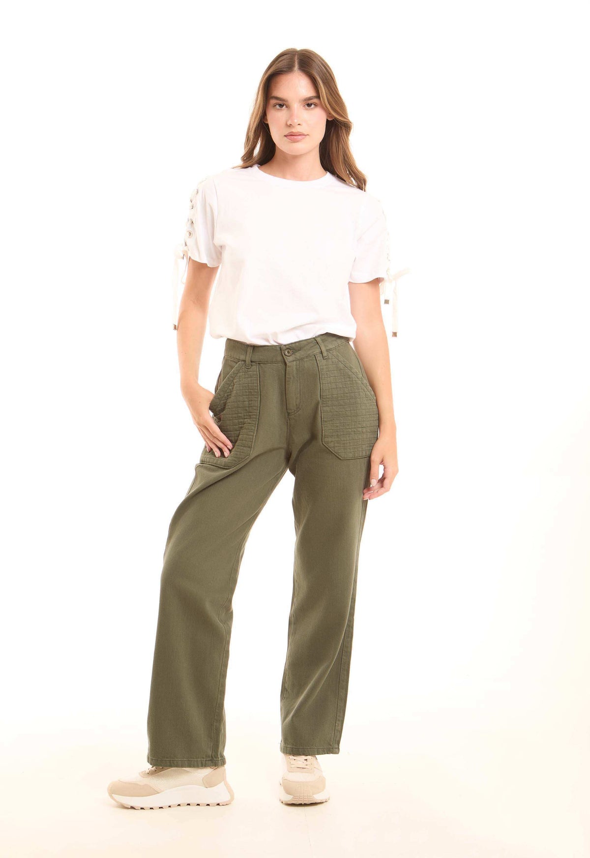Cotton Tee with Lace-Up Eyelet Details Sleeves