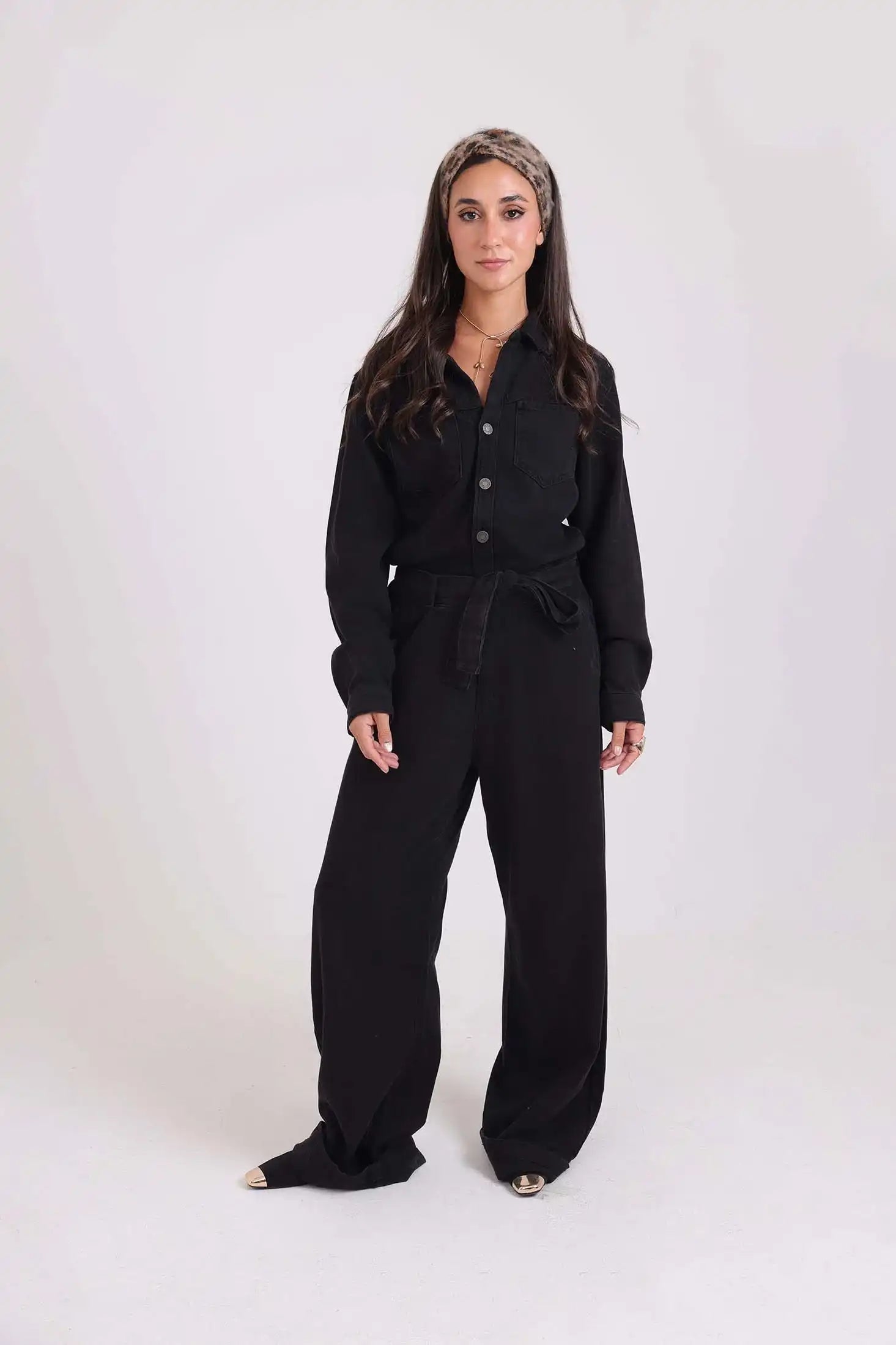 Wide-Leg Buttoned Jumpsuit with Tie Waist